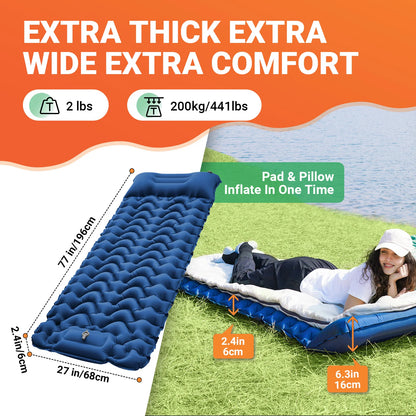 Ultralight Inflatable Sleeping Mat With Pillow Built-in