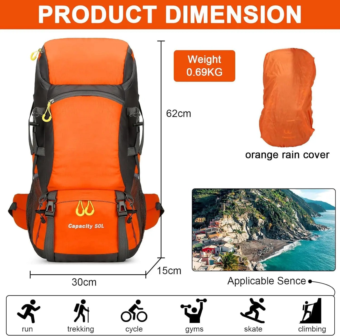 Waterproof 50L Travel Backpack with Rain Cover