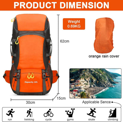 Waterproof 50L Travel Backpack with Rain Cover
